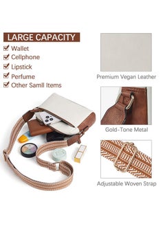 Bostanten Small Crossbody Purse For Women Triple Zip Cell Phone Leather Shoulder Handbag With Wide Guitar Strap Beige With Brown  - Image 4