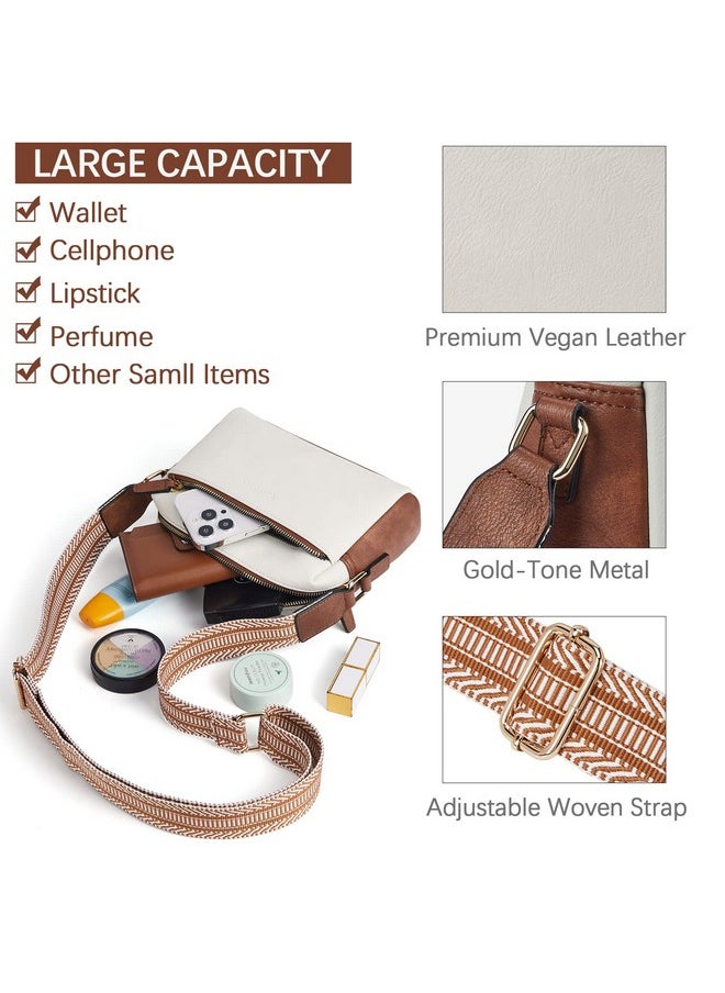 Bostanten Small Crossbody Purse For Women Triple Zip Cell Phone Leather Shoulder Handbag With Wide Guitar Strap Beige With Brown  - Image 4