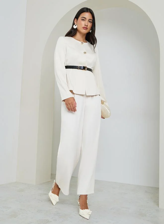 Styli Off White Belted Top with Button Detail