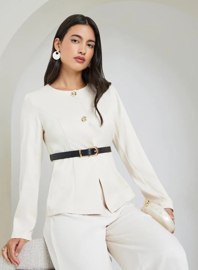 Off White Belted Top with Button Detail