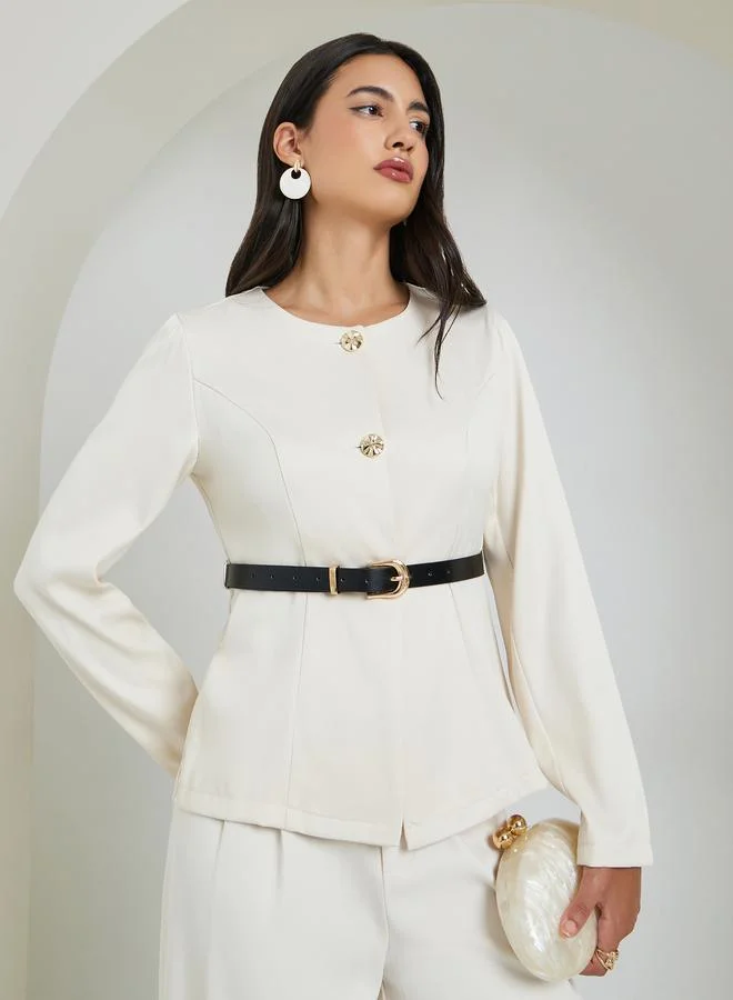 Styli  Off White Belted Top with Button Detail for Women | Best Price UAE