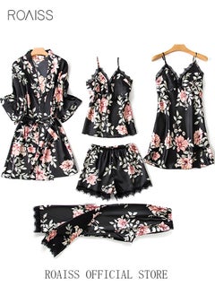 roaiss 5 PCS Pajama Sets for Women Sweet Floral Printing Lace Edge Homewear Ladies Nightwear Silky Clothes Suits Spring Summer Sleepwear Sling with Chest Pad Nightdress(Suspender Top + Suspender Skirt + Nightgown + Shorts + Trousers)Black  - Image 3