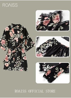 roaiss 5 PCS Pajama Sets for Women Sweet Floral Printing Lace Edge Homewear Ladies Nightwear Silky Clothes Suits Spring Summer Sleepwear Sling with Chest Pad Nightdress(Suspender Top + Suspender Skirt + Nightgown + Shorts + Trousers)Black  - Image 5
