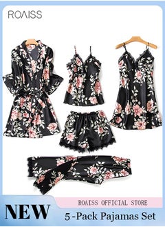 roaiss 5 PCS Pajama Sets for Women Sweet Floral Printing Lace Edge Homewear Ladies Nightwear Silky Clothes Suits Spring Summer Sleepwear Sling with Chest Pad Nightdress(Suspender Top + Suspender Skirt + Nightgown + Shorts + Trousers)Black  - Image 1