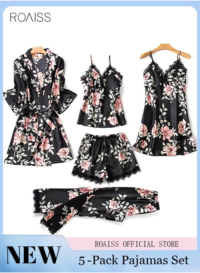 roaiss 5 PCS Pajama Sets for Women Sweet Floral Printing Lace Edge Homewear Ladies Nightwear Silky Clothes Suits Spring Summer Sleepwear Sling with Chest Pad Nightdress(Suspender Top + Suspender Skirt + Nightgown + Shorts + Trousers)Black  - Image 1