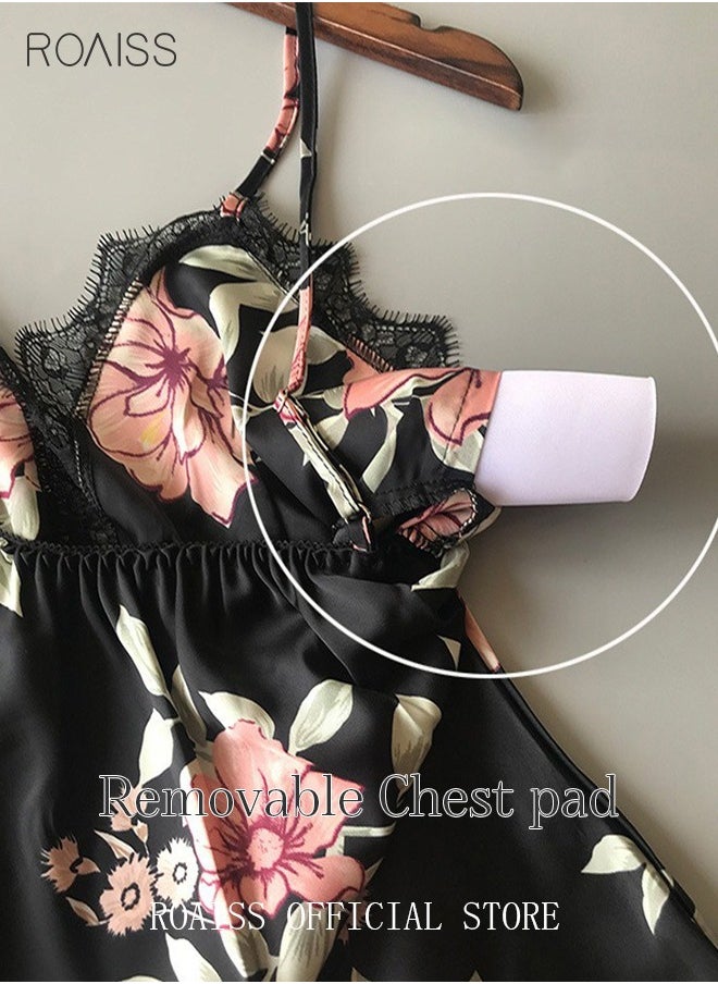 roaiss - 5 PCS Pajama Sets for Women Sweet Floral Printing Lace Edge Homewear Ladies Nightwear Silky Clothes Suits Spring Summer Sleepwear Sling with Chest Pad Nightdress(Suspender Top + Suspender Skirt + Nightgown + Shorts + Trousers)Black - Image 1