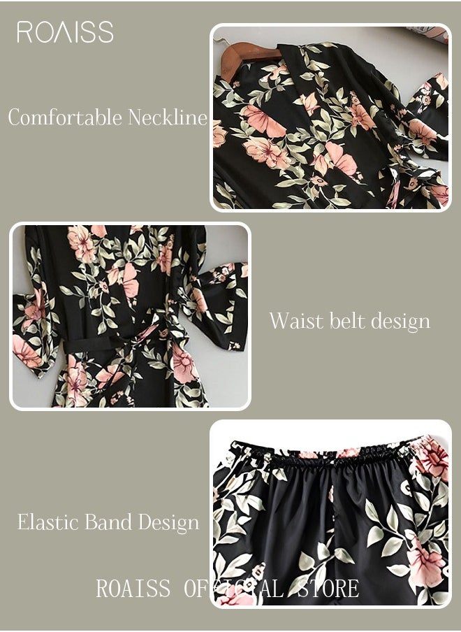 roaiss - 5 PCS Pajama Sets for Women Sweet Floral Printing Lace Edge Homewear Ladies Nightwear Silky Clothes Suits Spring Summer Sleepwear Sling with Chest Pad Nightdress(Suspender Top + Suspender Skirt + Nightgown + Shorts + Trousers)Black - Image 1