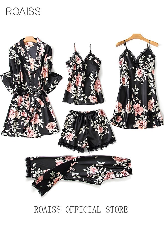 roaiss 5 PCS Pajama Sets for Women Sweet Floral Printing Lace Edge Homewear Ladies Nightwear Silky Clothes Suits Spring Summer Sleepwear Sling with Chest Pad Nightdress(Suspender Top + Suspender Skirt + Nightgown + Shorts + Trousers)Black  - Image 3