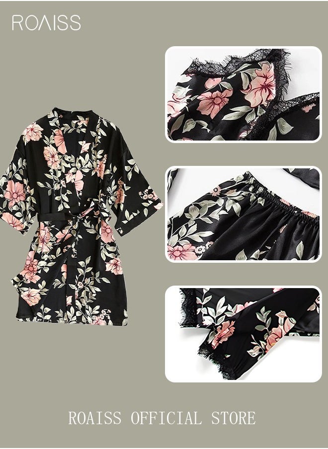 roaiss 5 PCS Pajama Sets for Women Sweet Floral Printing Lace Edge Homewear Ladies Nightwear Silky Clothes Suits Spring Summer Sleepwear Sling with Chest Pad Nightdress(Suspender Top + Suspender Skirt + Nightgown + Shorts + Trousers)Black  - Image 5