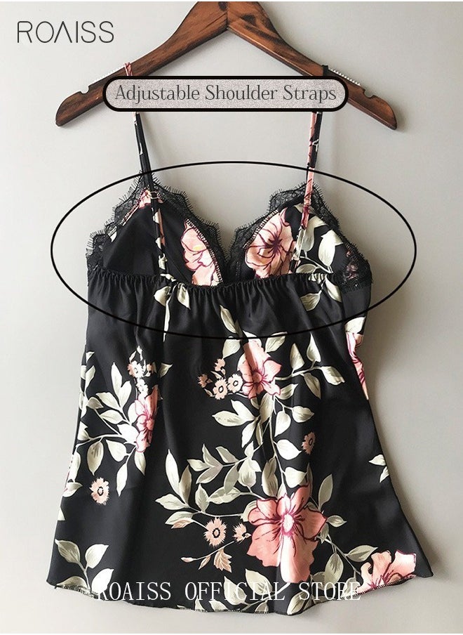 roaiss - 5 PCS Pajama Sets for Women Sweet Floral Printing Lace Edge Homewear Ladies Nightwear Silky Clothes Suits Spring Summer Sleepwear Sling with Chest Pad Nightdress(Suspender Top + Suspender Skirt + Nightgown + Shorts + Trousers)Black - Image 1