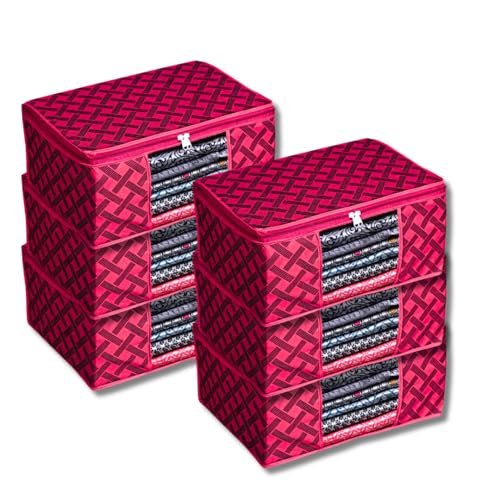 BB BACKBENCHERS Saree Cover/Bags/Organizer For Wardrobe - Foldable Saree Covers With Zip, Multipurpose Storage Bag For Suit, Lehanga, Dress Packing With Transparent Window, Pack of 6 (RED-CHECKER) - Image 1
