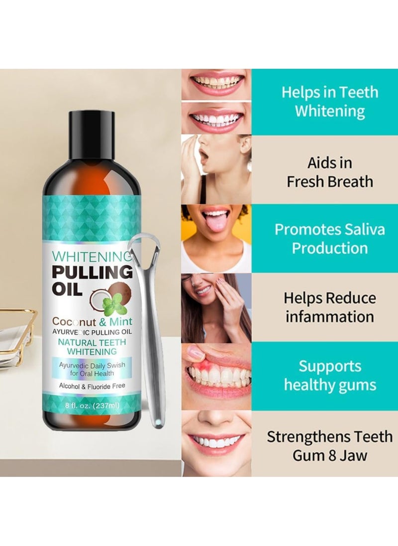 ORALHOE - Oil Pulling, 237 ml Coconut Pulling Oil, Coconut Oil with Tongue Scraper, Natural Mouthwash with Whitening Oil, Whiten Teeth, Healthier Teeth and Gums - Image 1