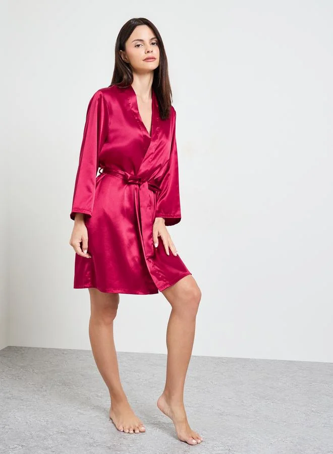 Take Two Burgundy Satin Robe With Tie-Belt