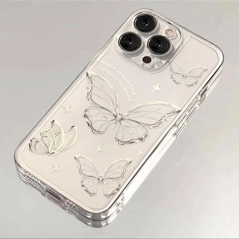 Apple iPhone 13 Pro Phone Case with Silver Butterfly Design, Transparent, Drop-Proof Soft Case - Image 2