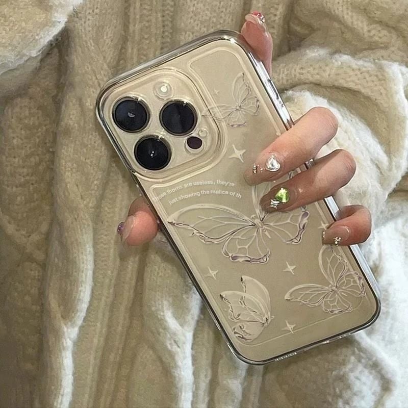 Apple iPhone 13 Pro Phone Case with Silver Butterfly Design, Transparent, Drop-Proof Soft Case - Image 1