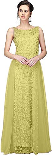 PATLANI Women's Net Embroidery Aline-Flered Gown Dress for Women Full Stitched Gown Ready to wear.(All Over-Musterd-L) Yellow - Image 1