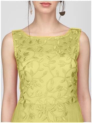 PATLANI Women's Net Embroidery Aline-Flered Gown Dress for Women Full Stitched Gown Ready to wear.(All Over-Musterd-L) Yellow - Image 4