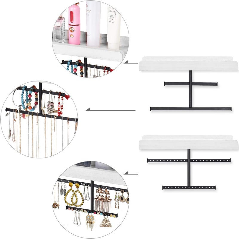 Keebofly Hanging Wall Mounted Jewelry Organizer with Rustic Wood Jewelry Holder Display for Necklaces Bracelet Earrings Ring Set of 2 White,[Patented] - Image 3
