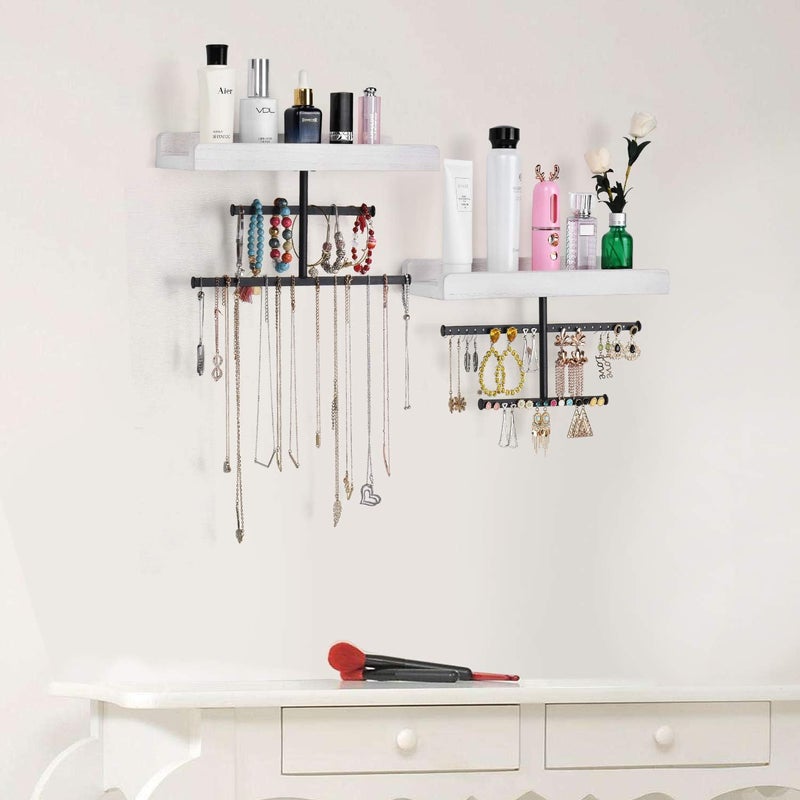 Keebofly Hanging Wall Mounted Jewelry Organizer with Rustic Wood Jewelry Holder Display for Necklaces Bracelet Earrings Ring Set of 2 White,[Patented] - Image 4