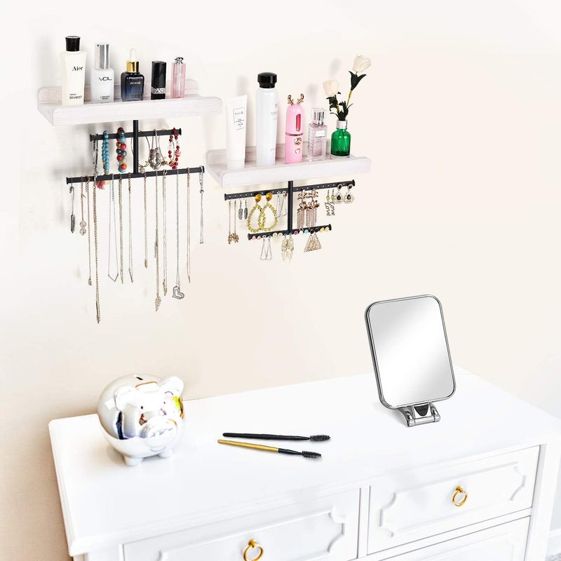 Keebofly Hanging Wall Mounted Jewelry Organizer with Rustic Wood Jewelry Holder Display for Necklaces Bracelet Earrings Ring Set of 2 White,[Patented] - Image 2