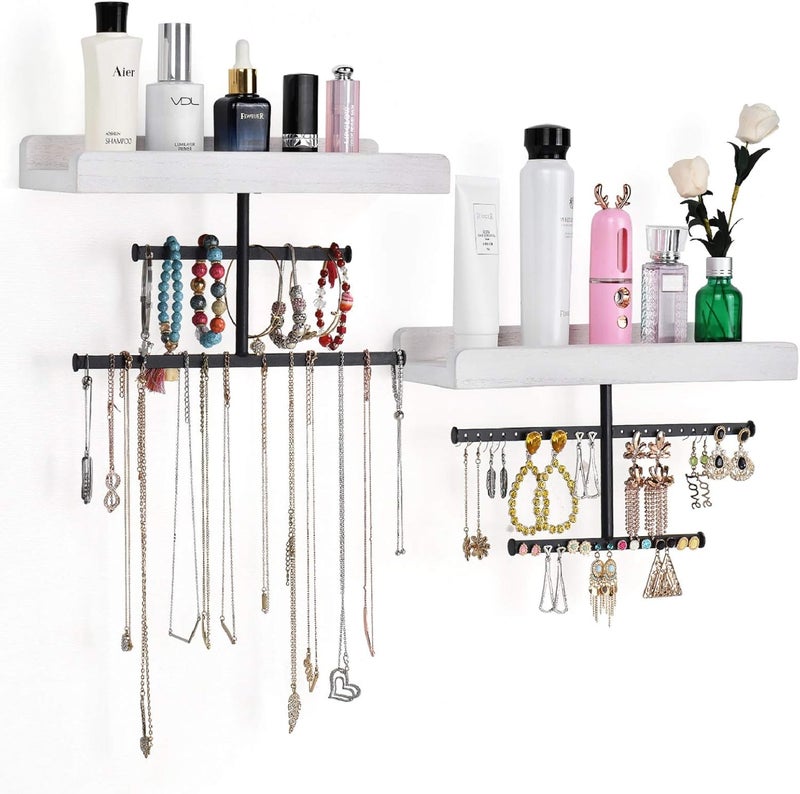 Keebofly Hanging Wall Mounted Jewelry Organizer with Rustic Wood Jewelry Holder Display for Necklaces Bracelet Earrings Ring Set of 2 White,[Patented] - Image 1