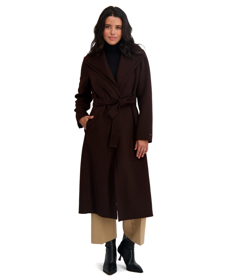 TAHARI Women's Slim Fit Double-Faced Wool Blend Wrap Coat with Tie Belt â€“ Longline Silhouette, Chocolate, Small - Image 2