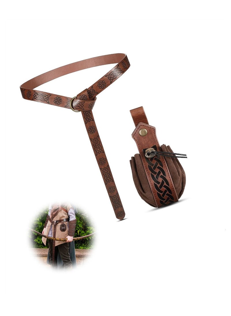 Y&D Medieval Knight Accessories, 2 Pcs Viking Belt Faux Leather Pouch, Renaissance Bag Brown, Retro  - Image 1