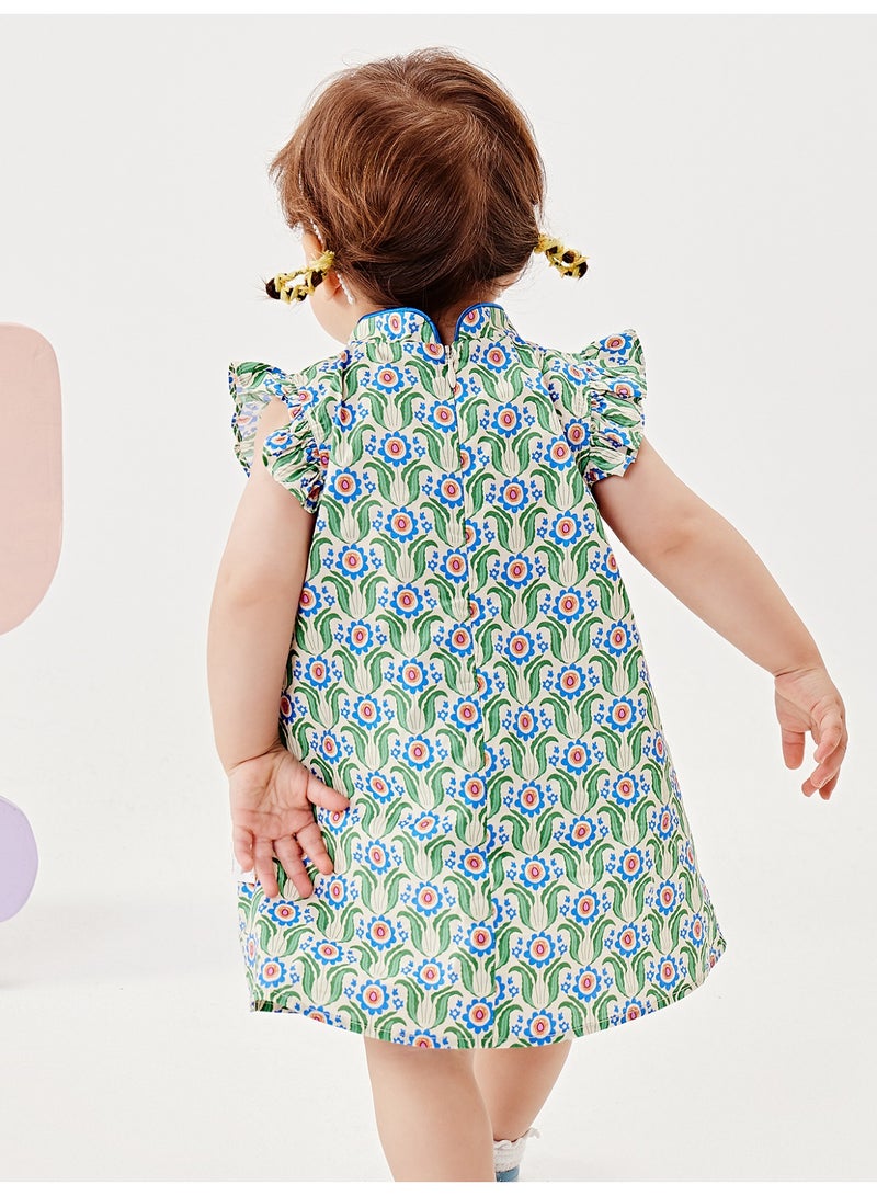 mini bala Girls Exquisite Qipao - Style Dress, Soft Breathable Cotton Fabric, Ruffled Sleeves, Frog Button Embellishment, Floral Print, Ideal for Cultural Celebrations, Festive Events and Formal Gatherings Children's Dress - Image 3