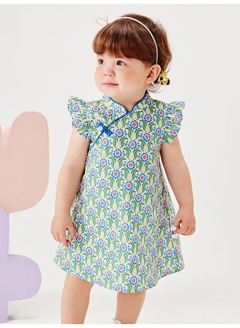 mini bala Girls Exquisite Qipao - Style Dress, Soft Breathable Cotton Fabric, Ruffled Sleeves, Frog Button Embellishment, Floral Print, Ideal for Cultural Celebrations, Festive Events and Formal Gatherings Children's Dress - Image 1