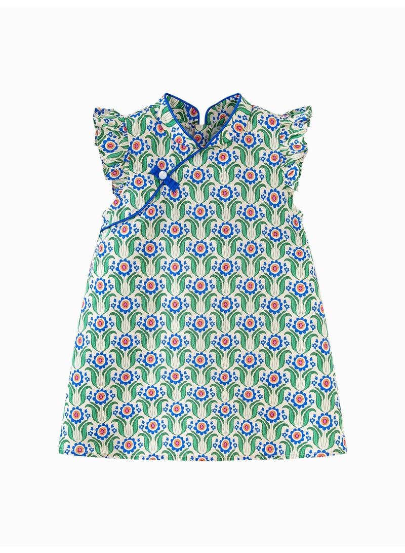 mini bala Girls Exquisite Qipao - Style Dress, Soft Breathable Cotton Fabric, Ruffled Sleeves, Frog Button Embellishment, Floral Print, Ideal for Cultural Celebrations, Festive Events and Formal Gatherings Children's Dress - Image 4