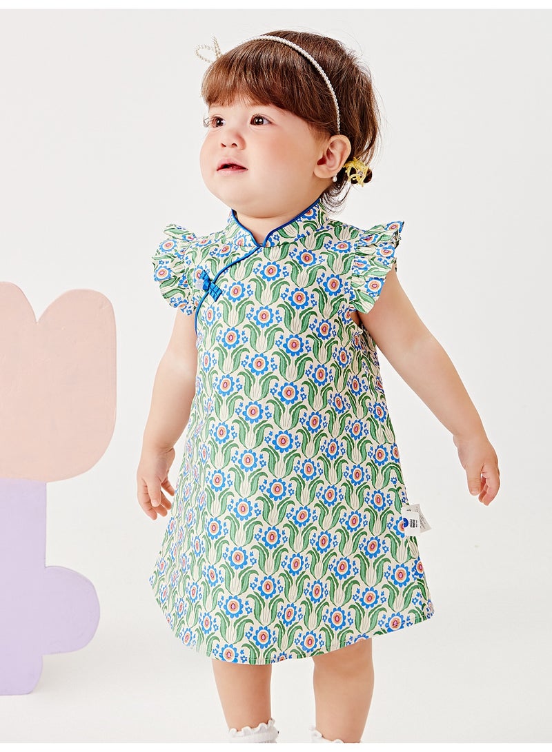 mini bala Girls Exquisite Qipao - Style Dress, Soft Breathable Cotton Fabric, Ruffled Sleeves, Frog Button Embellishment, Floral Print, Ideal for Cultural Celebrations, Festive Events and Formal Gatherings Children's Dress - Image 2
