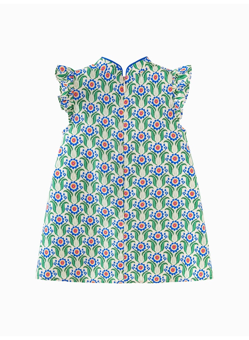 mini bala Girls Exquisite Qipao - Style Dress, Soft Breathable Cotton Fabric, Ruffled Sleeves, Frog Button Embellishment, Floral Print, Ideal for Cultural Celebrations, Festive Events and Formal Gatherings Children's Dress - Image 5