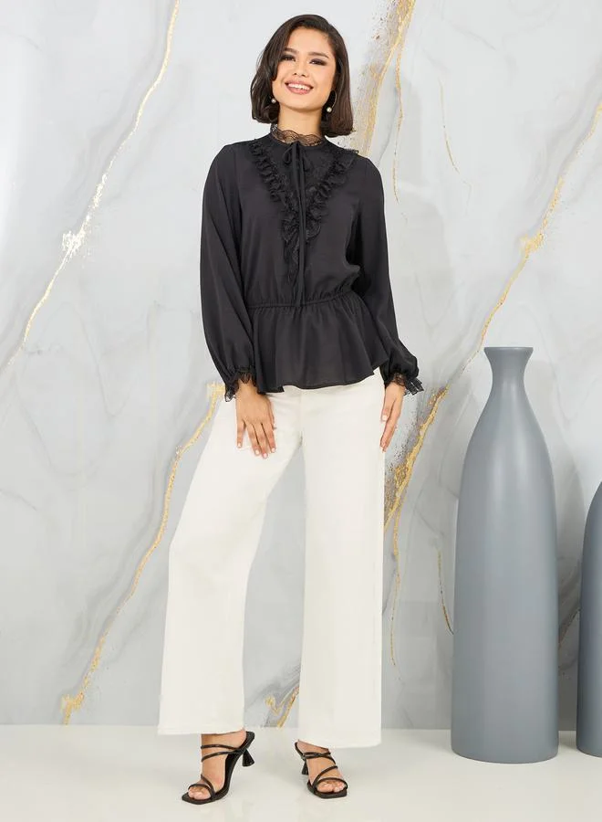 ستايلي Lace Trim High Neck Ruffle Detail Blouse