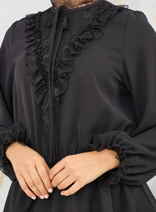 ستايلي Lace Trim High Neck Ruffle Detail Blouse