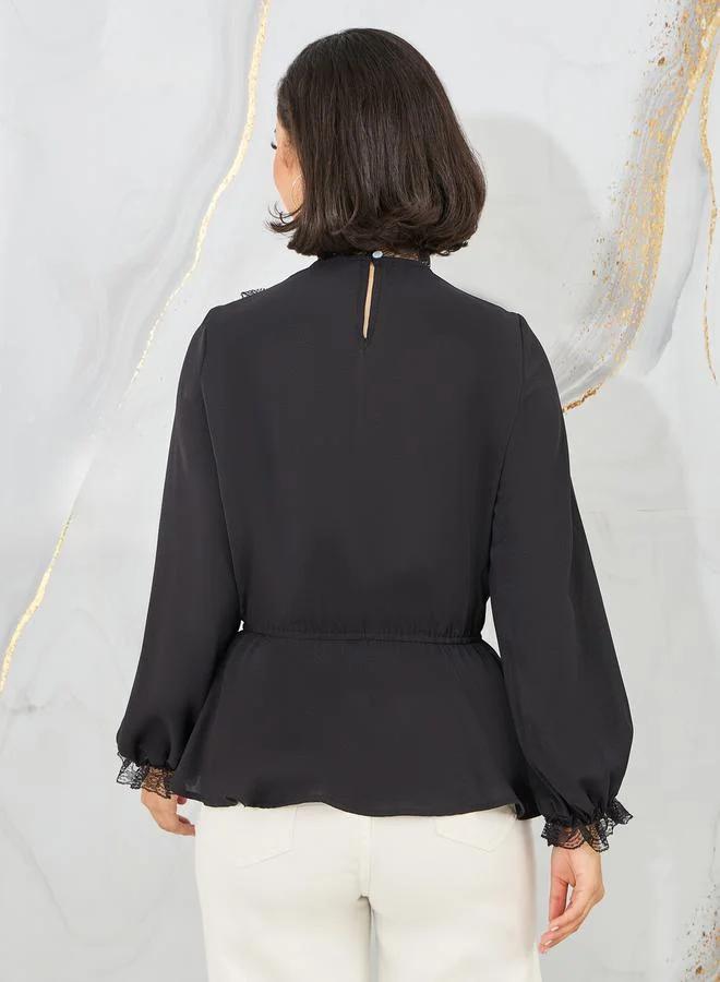 ستايلي Lace Trim High Neck Ruffle Detail Blouse