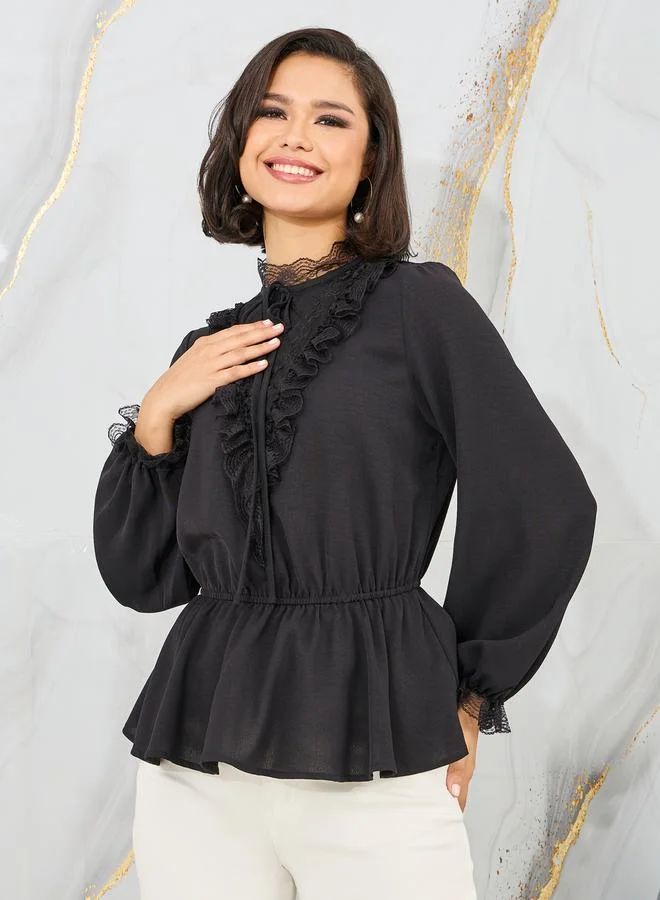 ستايلي Lace Trim High Neck Ruffle Detail Blouse