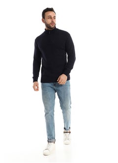 Andora Hips Length Knitted Zipper Closure Navy Blue Sweater  - Image 1