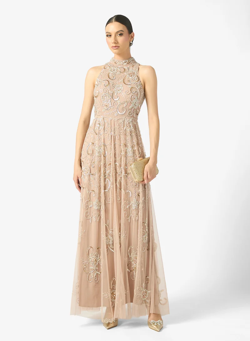 BEAUUT Rayna Embellished Halter Neck Sequin Maxi Dress