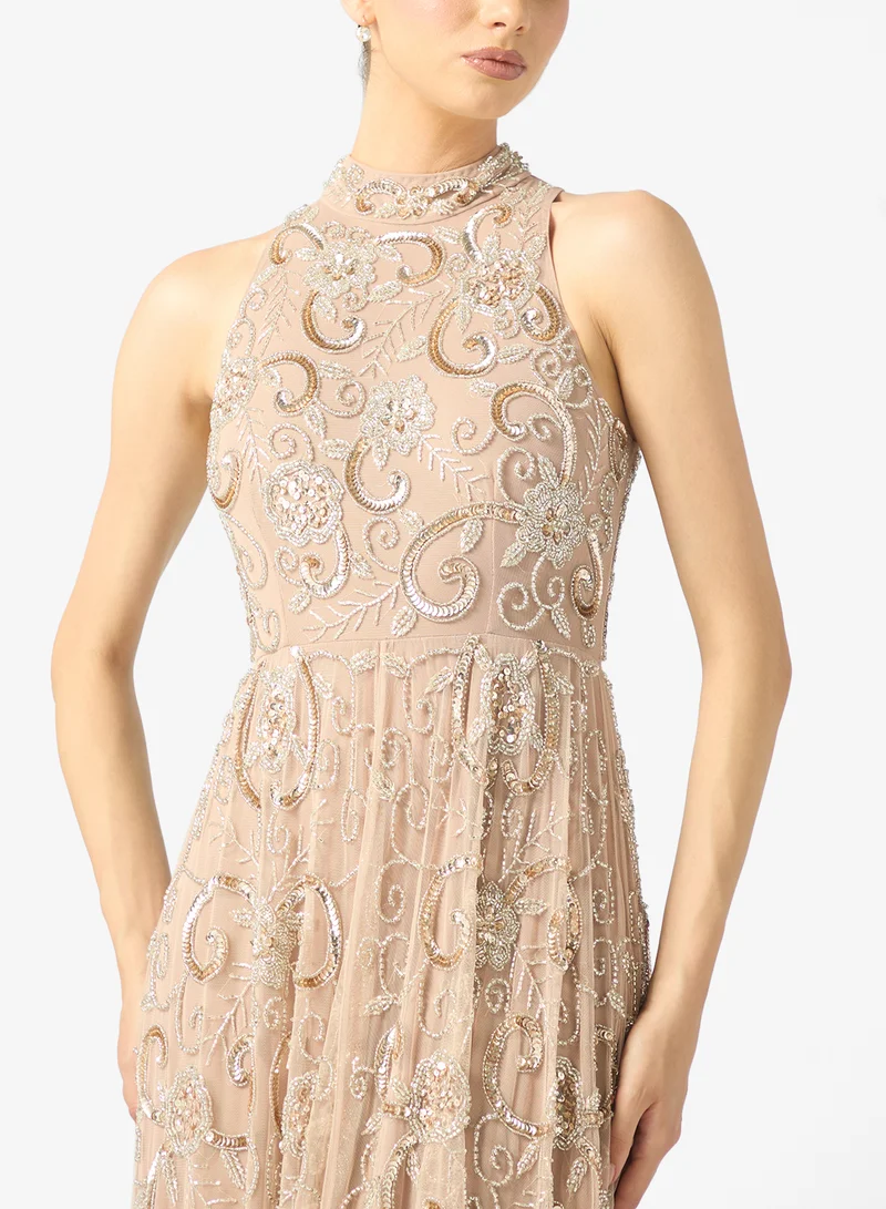 BEAUUT Rayna Embellished Halter Neck Sequin Maxi Dress