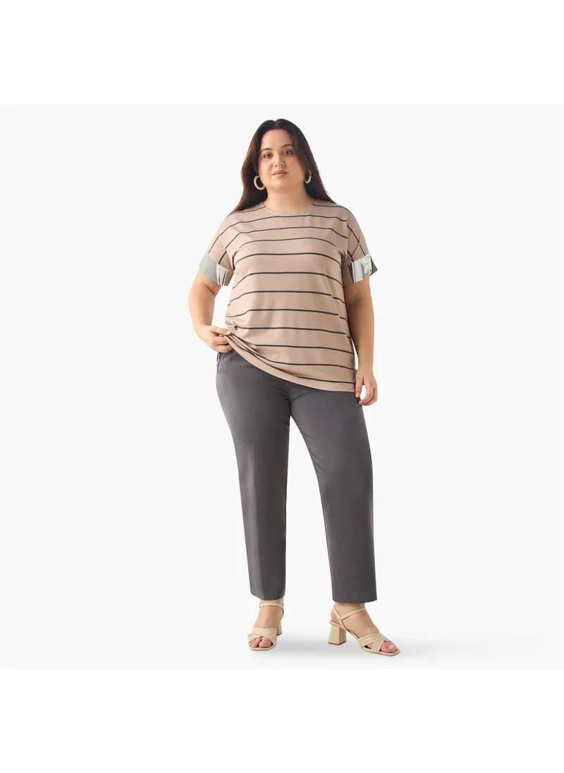 Ulla Popken Plus Size Ulla Popken Striped T-shirt with Round Neck and Short Sleeves