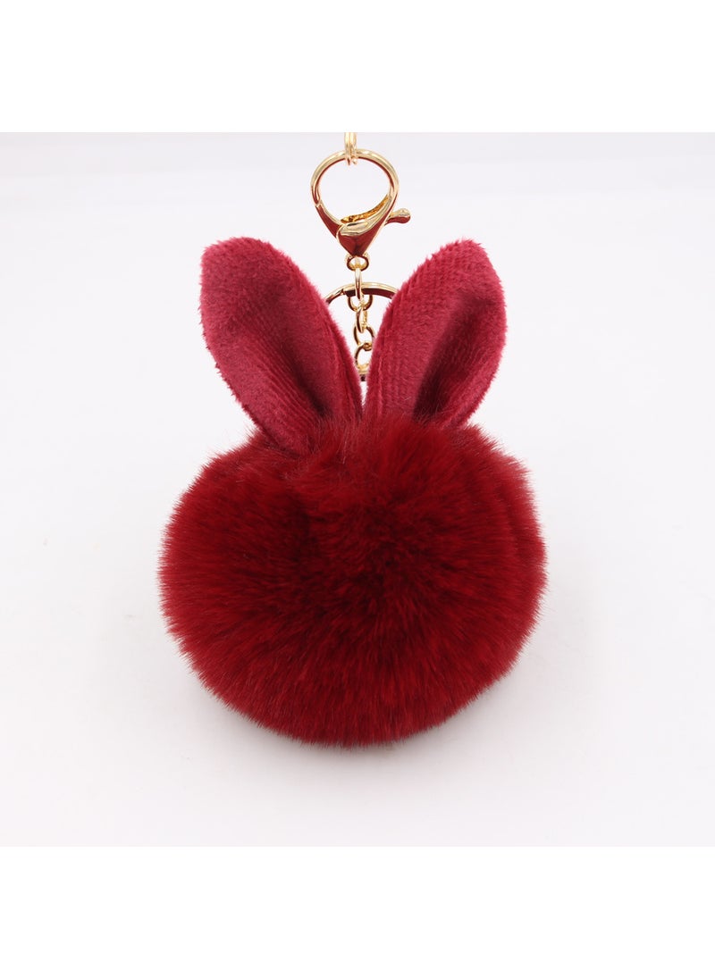 Generic Cute Rabbit Ear Pompom Keychain Wine Red  - Image 1