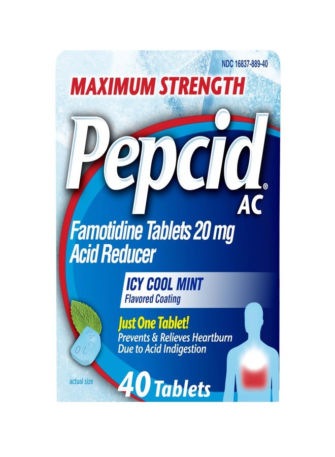Pepcid AC Maximum Strength Heartburn Relief Tablets, OTC Medicine Prevents & Relieves Heartburn Due to Acid Indigestion & Sour Stomach, 20mg Famotidine Acid Reducer, ICY Cool Mint, 40 ct - Image 1