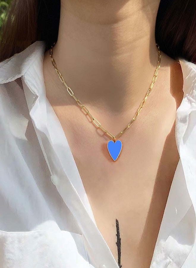 AULSIEY Blue Heart Necklace Preppy Jewelry Necklaces Dainty Layered Paperclip Chain Necklace for Women Stainless Steel Heart Necklaces for Women Mother Daughter - Blue - Image 4