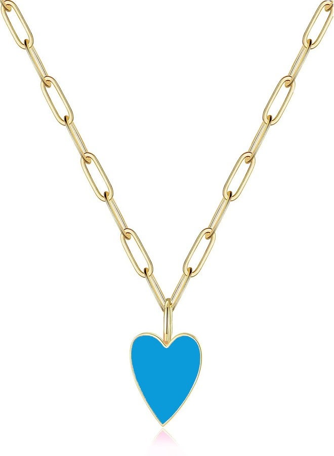 AULSIEY Blue Heart Necklace Preppy Jewelry Necklaces Dainty Layered Paperclip Chain Necklace for Women Stainless Steel Heart Necklaces for Women Mother Daughter - Blue - Image 1