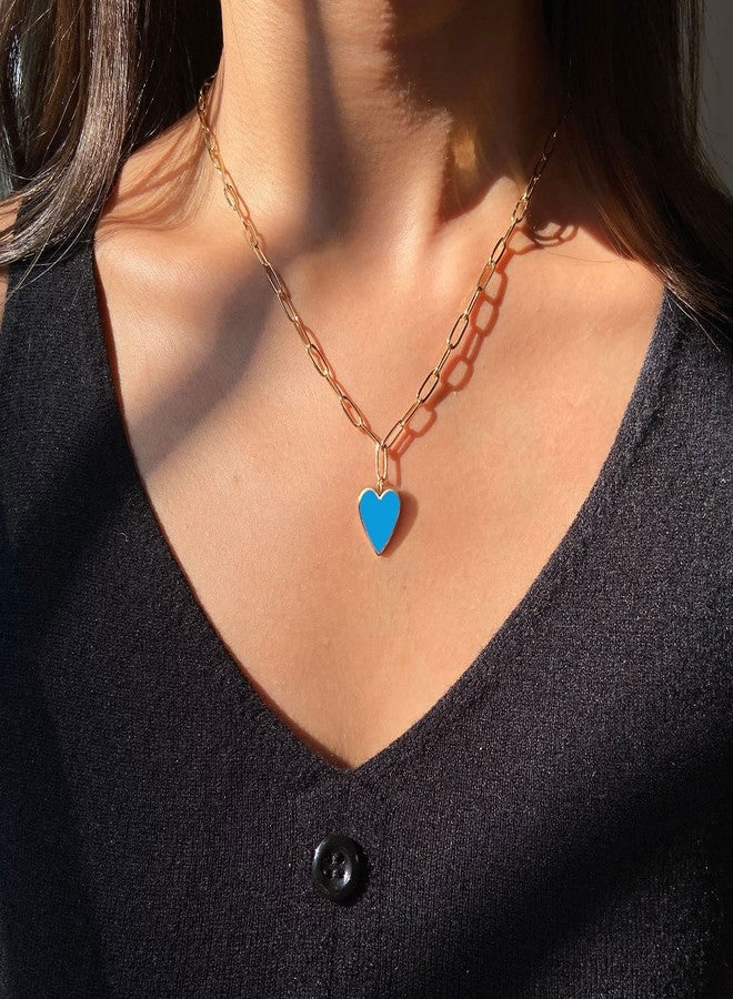 AULSIEY Blue Heart Necklace Preppy Jewelry Necklaces Dainty Layered Paperclip Chain Necklace for Women Stainless Steel Heart Necklaces for Women Mother Daughter - Blue - Image 3