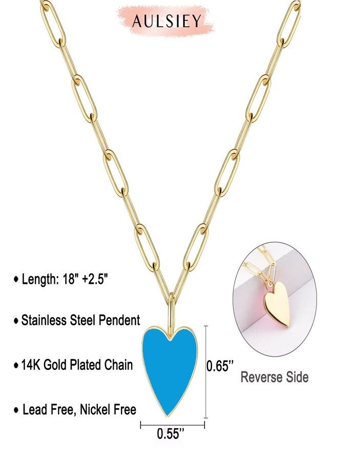 AULSIEY Blue Heart Necklace Preppy Jewelry Necklaces Dainty Layered Paperclip Chain Necklace for Women Stainless Steel Heart Necklaces for Women Mother Daughter - Blue - Image 5
