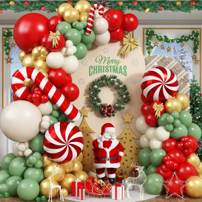 Froova Christmas Balloon Garland Arch Kit 133PCS Retro Red Sage Green Gold and White Sand Xmas Balloons Candy Cane Balloon for Christmas Holiday Baby Shower Birthday Party Decorations - Image 3