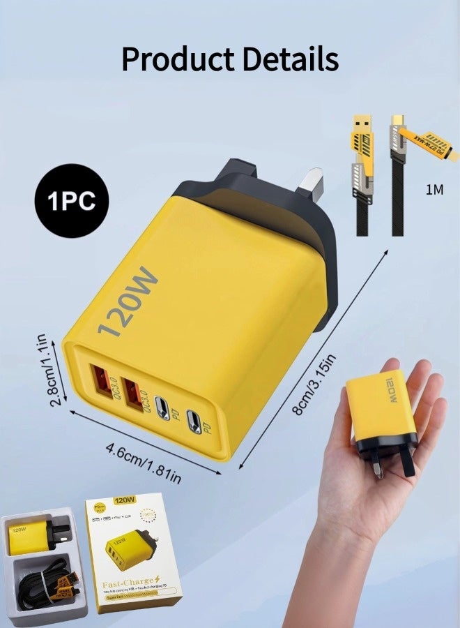 Vixplorn This 120W USB-C four-port charger comes with a 1-meter data cable compatible with most electronic products. It supports fast charging, includes a travel adapter with two USB ports and two PD ports, a wall charger, and universal power supply compatibility. - Image 2