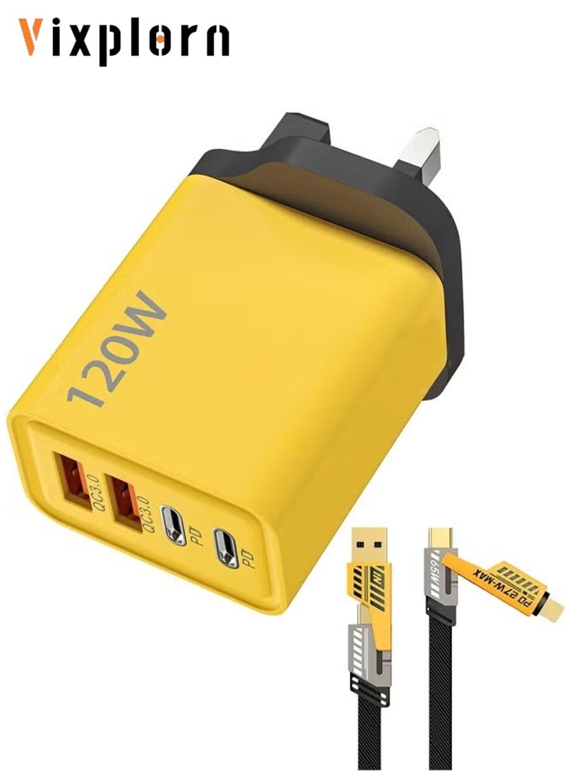 Vixplorn This 120W USB-C four-port charger comes with a 1-meter data cable compatible with most electronic products. It supports fast charging, includes a travel adapter with two USB ports and two PD ports, a wall charger, and universal power supply compatibility. - Image 1