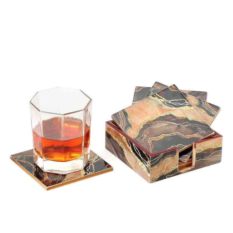 DULI Set of 6 MDF Wood Tea Coasters with Stand (10 * 10 cm) (Marble) - Image 4